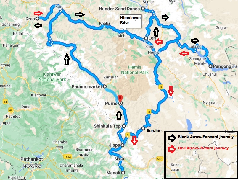 manali to ladakh bike trip map